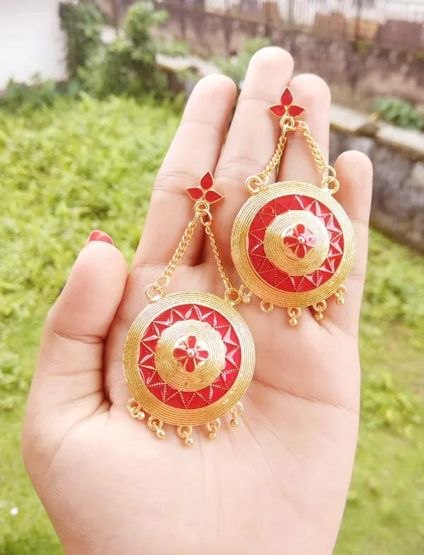 Assamese_Traditional_Copper_Gold_Plated_Red_Colour_Japi_Jhumki_Earring_For_Girls_&_Women